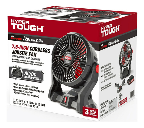 Abanico Ventilador Hyper Tough 7.5 Inalámbrico 20v 30.48 Cm 20v Negro Rojo Plástico 3
