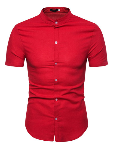 Camisa Casual Lino Cuello Banda Para Hombre Manga Corta Rojo