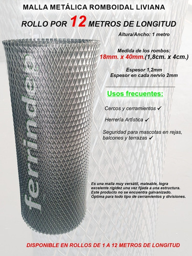 Imagen 3 de 10 de Malla Metálica Romboidal Desplegado 18x40mm Rollo 1 X 12mts