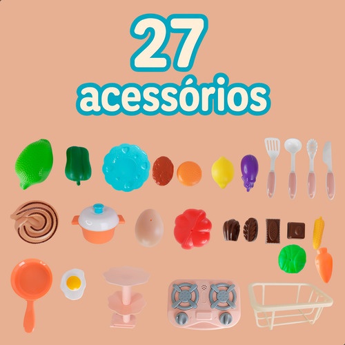 Cozinha De Brinquedo Petipetá Infantil Com Som E Luz Rosa 27 Peças Com Geladeira Pia Som Luz Kit Chef Miniatura Cesta Fast Food Panelinhas Batedeira Utensílios Piquenique Brincar Lavanderia Comidinha