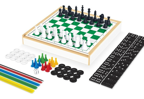 Conjunto Kit de Jogos 6 Em 1 - Xadrez, Ludo, Damas, Trilha, Pega Varetas e Dominó) com Estojo MDF Deluxe Junges