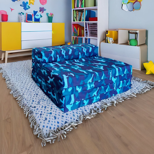 Imagen 1 de 6 de Sofá Cama Infantil Plegable, Colchoneta Con Soporte Firmé Color Azul Camuflaje