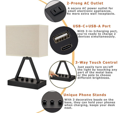 Lámpara De Mesa De Control Táctil De Briever Usb C, Lámpara