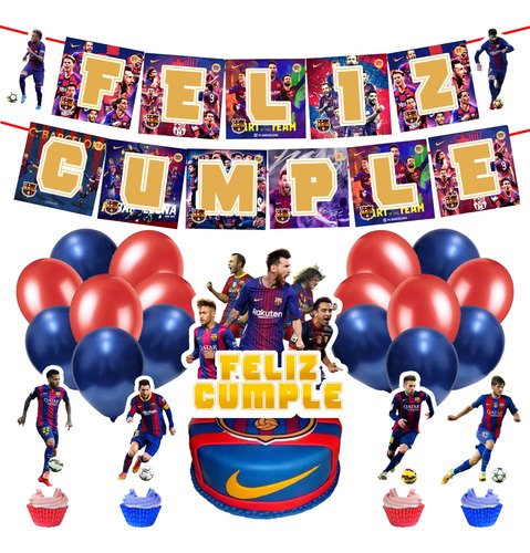 Set Globos + Banderin+ Toppers Fc Barcelona Feliz Cumpleaños Azul Fútbol