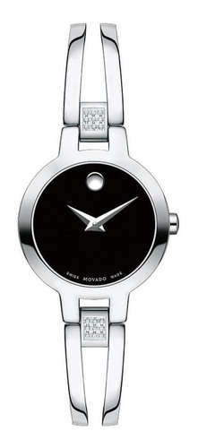 Reloj pulsera Movado Amorosa 0607154 de cuerpo color plateado, analógico, para mujer, fondo negro, con correa de acero inoxidable color plateado