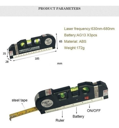 Laser Level Horizon Upright Mida 1,8 Ft Alineador Regla Métr 