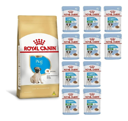 Kit Ração Pug Puppy 2,5kg E 10 Sachês Mini 85g Royal Canin