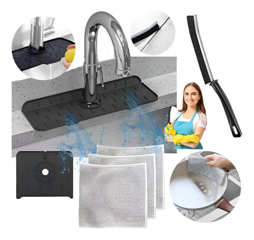 Kitx5 Organizador Protector Mesada Paño Acero Cepillo Junta Negro