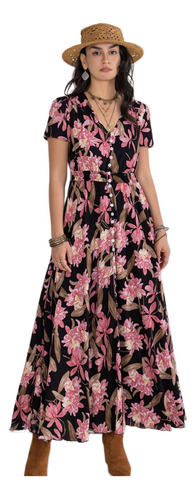 Maxi Vestido Bohemio Floral Botones Delanteros Y Manga Corta