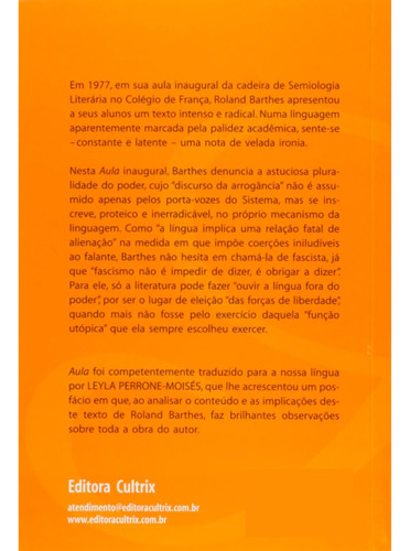 Livro Aula, de Barthes, Roland. Editora Cultrix, capa mole em português, 2017