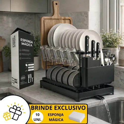 Escorredor De Louça Com Porta Pratos Talheres Tábua Copos Aço Preto Compacto Duplo 2 Andares Secador Não Enferruja Desmontável Bancada Organizado Para...