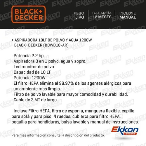 Aspiradora Filtro Agua Black Decker 10 Lts 1200 W Polvo Hepa | Envío gratis