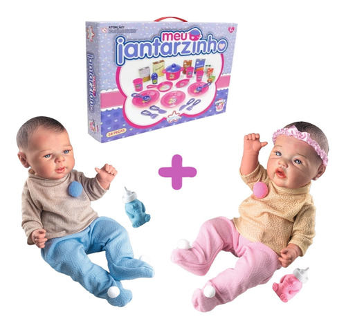Kit Bebê Reborn Gêmeos Baby Realista + Meu Jantarzinho