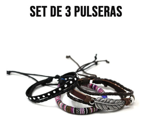 Imagen 4 de 5 de Set De 3 Pulseras De Cuero Y Textil
