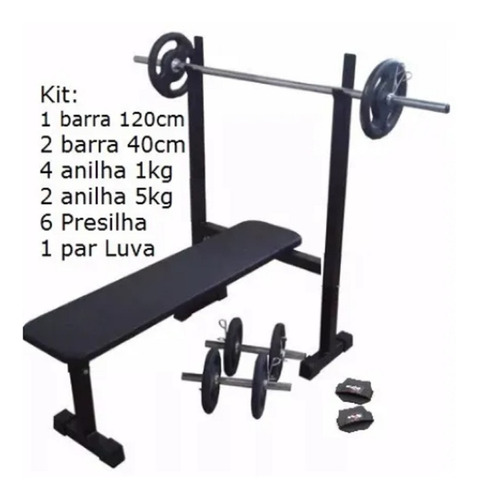 Kit Musculação Banco Supino + Barras + Anilhas + Luva