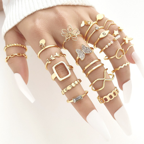 . Set De Anillos For Mujer Dorados Ajustables Joyeria 23 Pcs