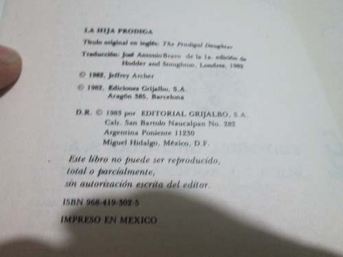 Jeffrey Archer La Hija Pródiga, Año 1986 (Usado)