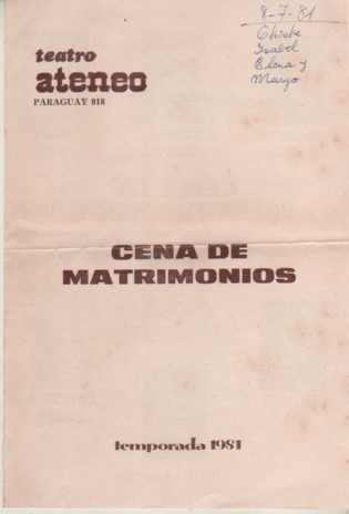 Programa Teatro Ateneo Año 1981 Cena De Matrimonios - Closas