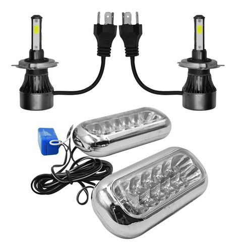 Foco H4 Led Balastra 6000k 4 Caras Y Estrobo Leds Doble Azul