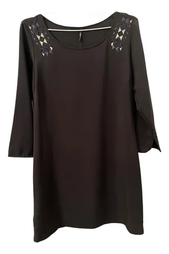 comprar Vestido Negro Corto Tucci Escote Redondo Charreteras Bordada