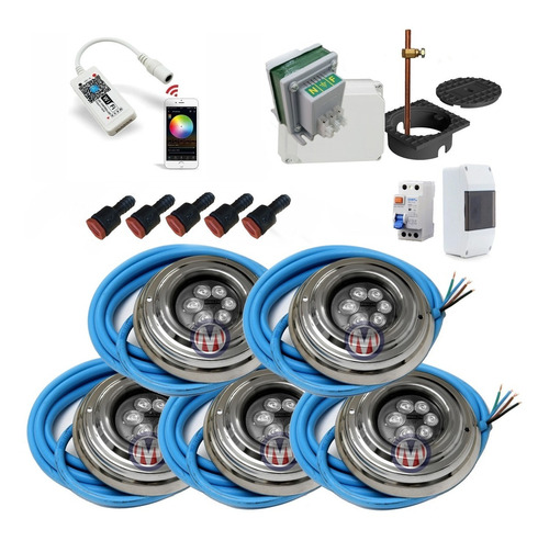 Kit 5 Luces Pileta 20w Rgb Ctrol Audiorr Wifi Y Kit Protecc