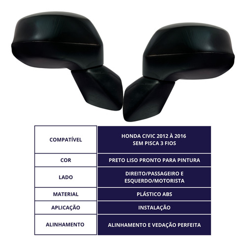Par Retrovisor Honda Civic Elétrico G9 2015 S/seta Preta