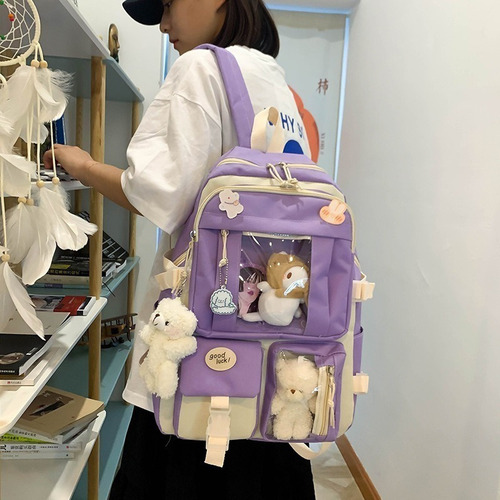 Conjunto Combo Mochila Escolar Kawaii Estilo Coreana 5 Pieza