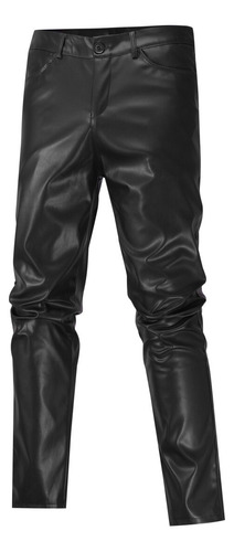 Pantalones De Cuero Sintético Slim Fit P/motociclista Hombre