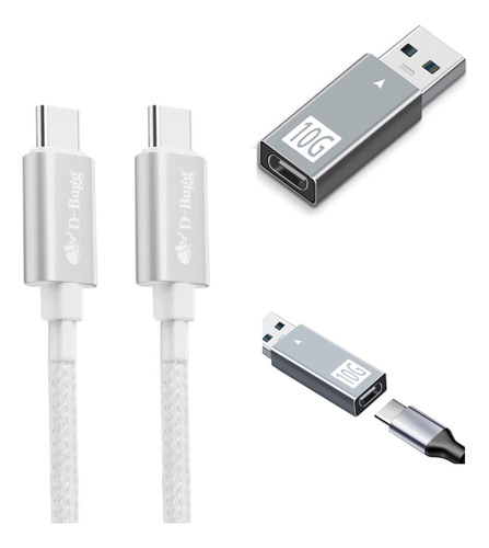Kit Cable Tipo C A Tipo C Trenzado Y Adaptador Usb A A C Blanco