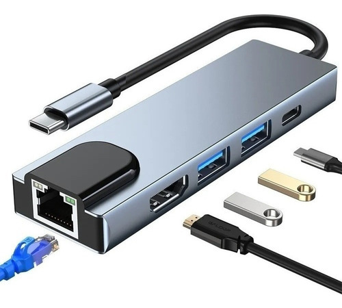 Usb C Hub Adapter 5 In 1 Hdmi, 2xusb, Usb-c, Lan .