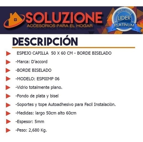 Espejo Capilla 50 X 60 Cm Bordes Biselados Vidrio Baño