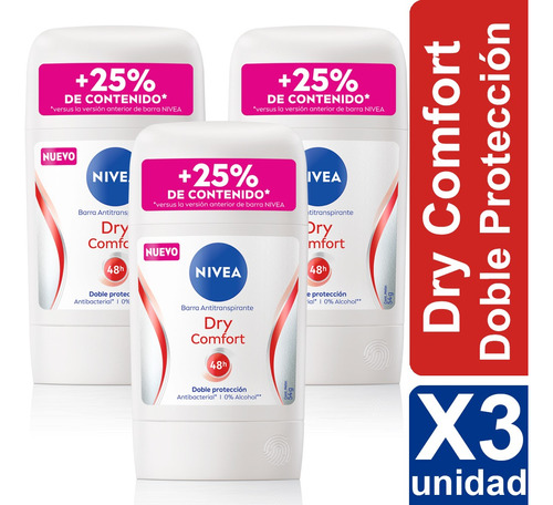 Desodorante Nivea Barra Dry Comfort 54g Pack X3 Unid