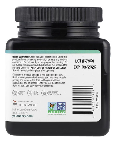 Youtheory, Ashwagandha KSM-66, 500 mg, 60 cápsulas vegetales