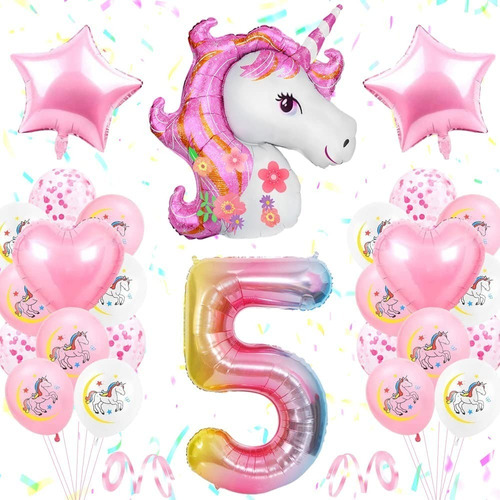 5 Años Niña Unicornio Globo De Aluminio Decoración Set