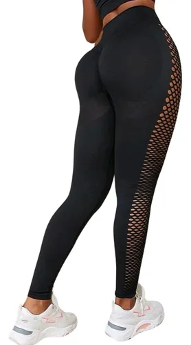 Lycra Leggings Deportivo Push Up Con Malla - Negro