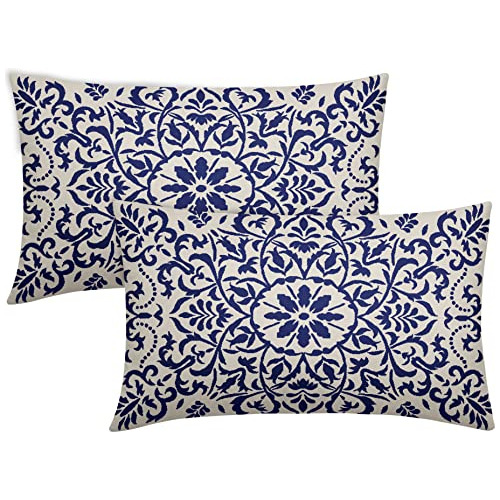 Fundas De Almohada Étnicas Boho Azul Marino 12 X 20 Pu...