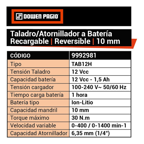 Imagen 6 de 8 de Taladro Atornillador Bateria 10 Mm 12v Dowen Pagio 9992981