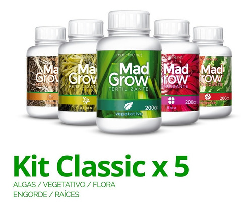 Imagen 2 de 10 de Fertilizante Mad Grow Kit Combo X5 Classic 200cc Cultivo