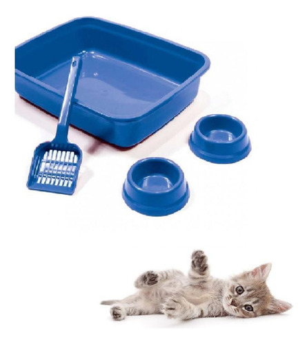 Kit Para Gato Bandeja Pá Comedouro Bebedouro Azul Power Pets