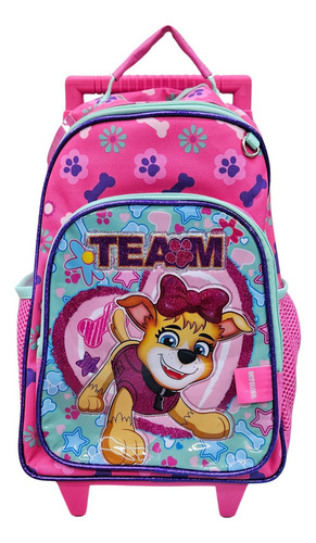 Mochila Escolar Patrulha Canina Skye Team Com Rodinha E Alça Cor Rosa-chiclete Desenho do tecido Estampado