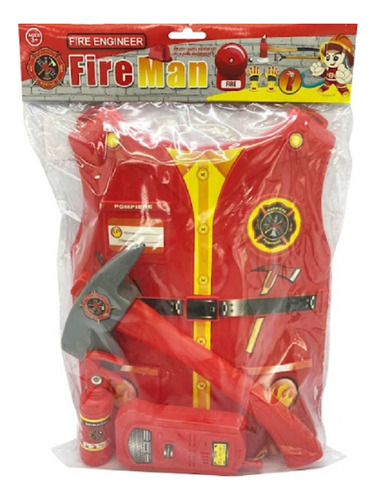 Set Bombero Infantil Pechera Hacha Radio Extintor Juguete Color Rojo