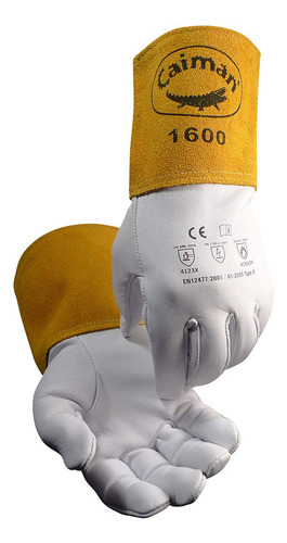 Guante De Soldadura Tig Caiman Mediano 1600-4 Grano Cabra Blanco/dorado