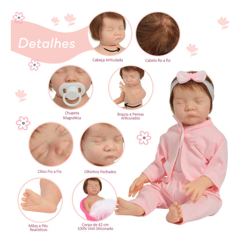 Boneca Reborn Recém Nascida Cabelo Fio A Fio Pijama Rosa