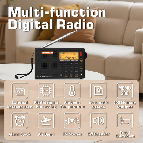 Radio Portátil De Onda Corta Sihuadon R-108 Negra Fm/sw/mw/l