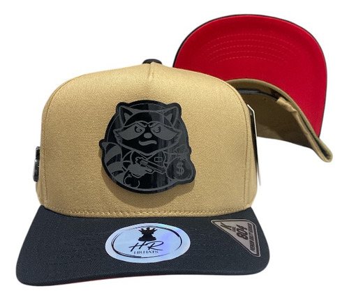 Gorra Mapache Placa Premium Café Visera Negra Y Rojo Abajo Ajustable