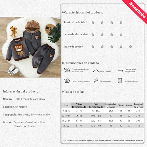 3pcs Conjunto De Sudadera Con Chaqueta Y Estampado De León Gris Oscuro 9-12 M