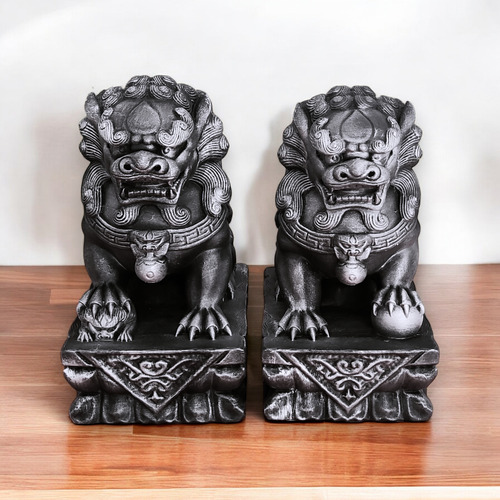 Pareja De Perros Fu De Gran Tamaño 20 Cm Plateado