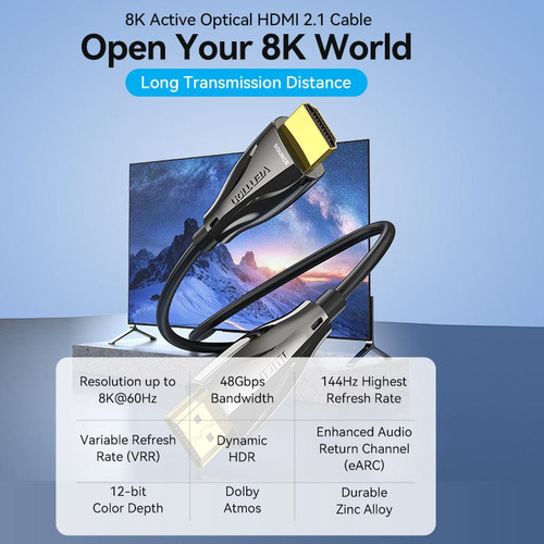 Cable Hdmi 2.1 Fibra Optica Vention - Certificado Profesional - 50 Metros - Ultra Hd 8k 60hz 48gbps Optico - Hdr Dolby Atmos Earc - Para Pc / Notebook / Tv Proyector / Macbook / Consola - Albbx