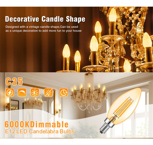 Kit 6 C35 E14 Lâmpada Led Filamento Vela Âmbar Retrô Lustre