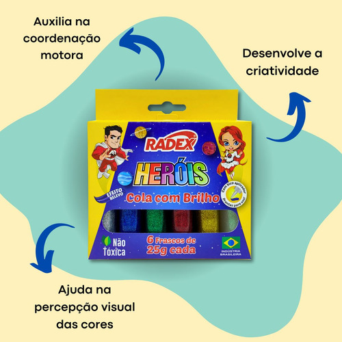 Cola Glitter Brilho 6 Cores 25g Efeito Relevo Bico Aplicador